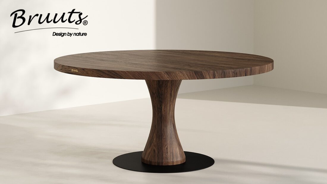 bruuts eettafel rond rechte rand kolompoot hout vaas kleur walnut