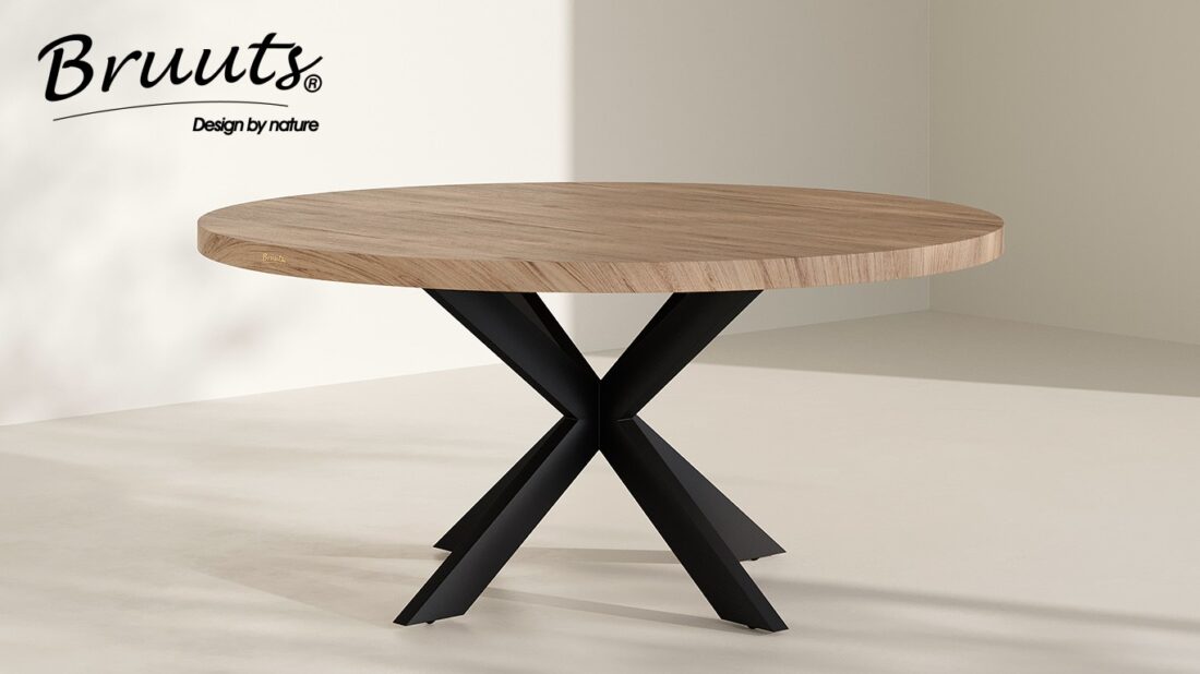 bruuts eettafel rond rechte rand spinpoot metaal recht kleur silky maple