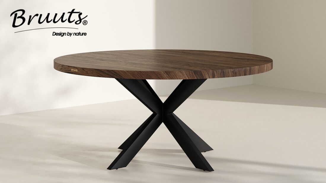 bruuts eettafel rond rechte rand spinpoot metaal recht kleur walnut