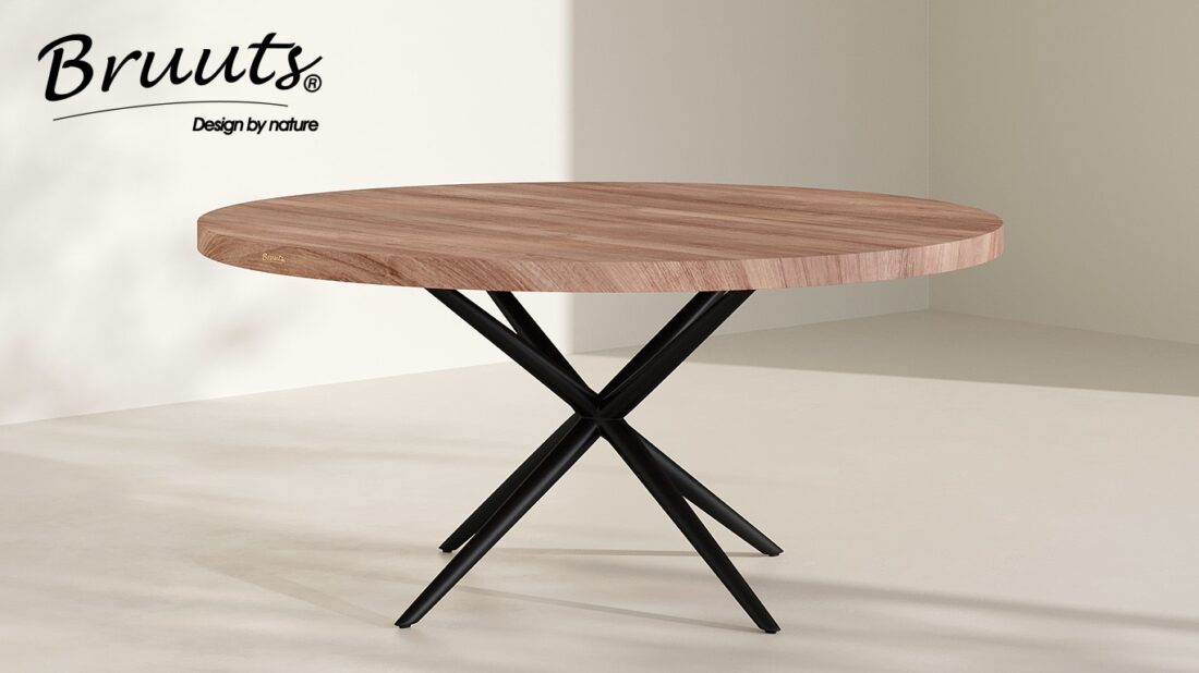 bruuts eettafel rond rechte rand spinpoot metaal rond kleur matt lacquer