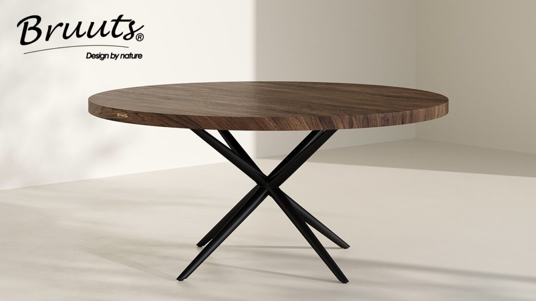 bruuts eettafel rond rechte rand spinpoot metaal rond walnut