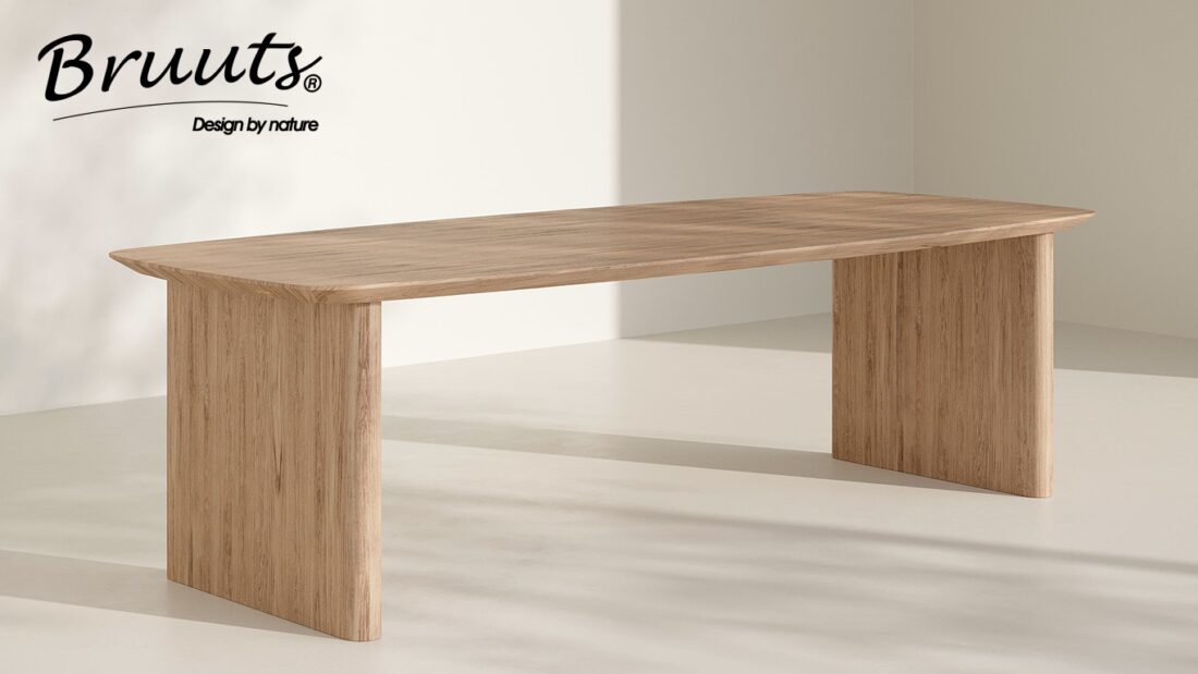 Bruuts eettafel deens ovaal verjongde rand kolompoot hout afgerond kleur silky maple