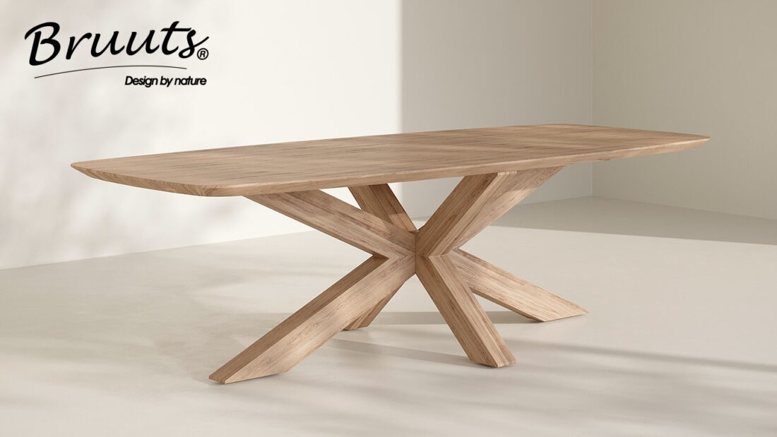 Bruuts eettafel deens ovaal verjongde rand spinpoot hout kleur silky maple