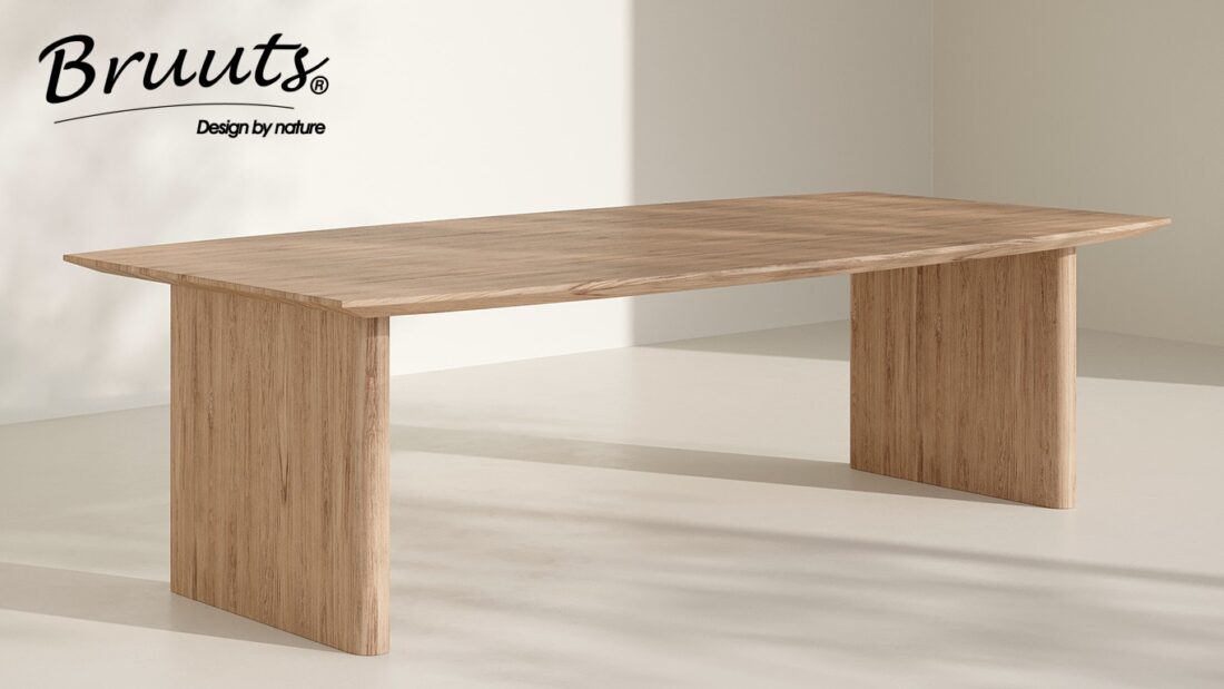 Bruuts eettafel eclipse verjongde rand kolompoot hout afgerond kleur silky maple