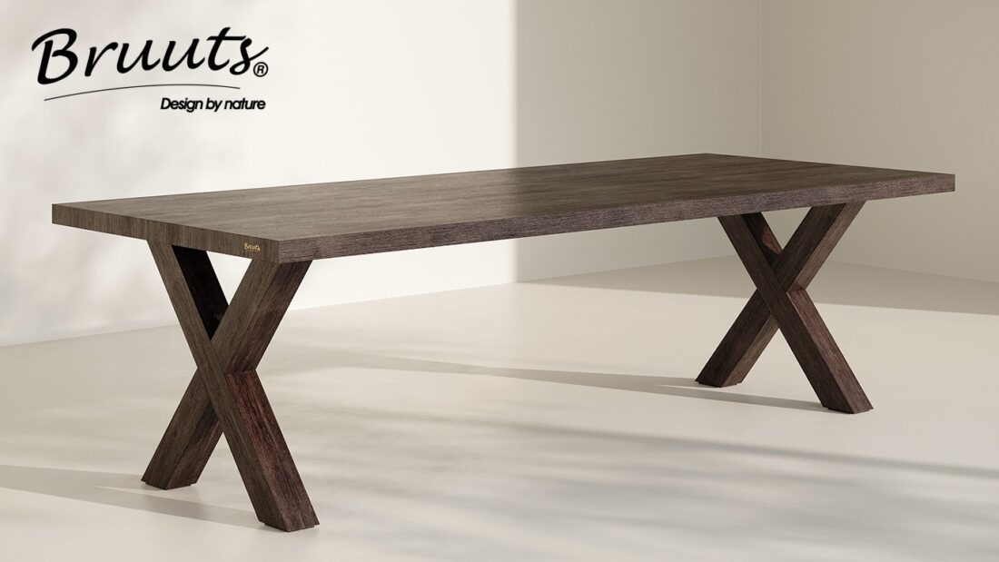 Bruuts eettafel rechthoek rechte rand X onderstel hout kleur lava