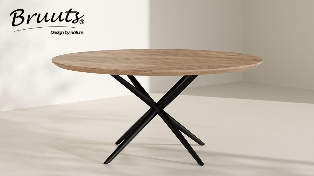 Bruuts eettafel rond verjongde rand spinpoot metaal rond kleur silky maple