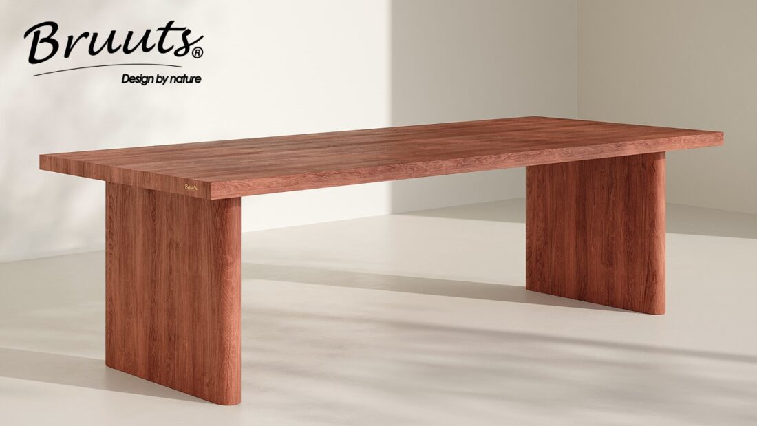 bruuts eettafel rechthoek rechte rand kolompoot hout afgerond kleur jacaranda