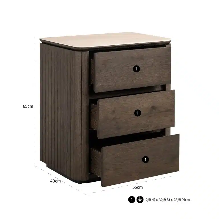 Afmetingen Richmond Interiors nachtkastje Ritz 55x40x65 cm travertin