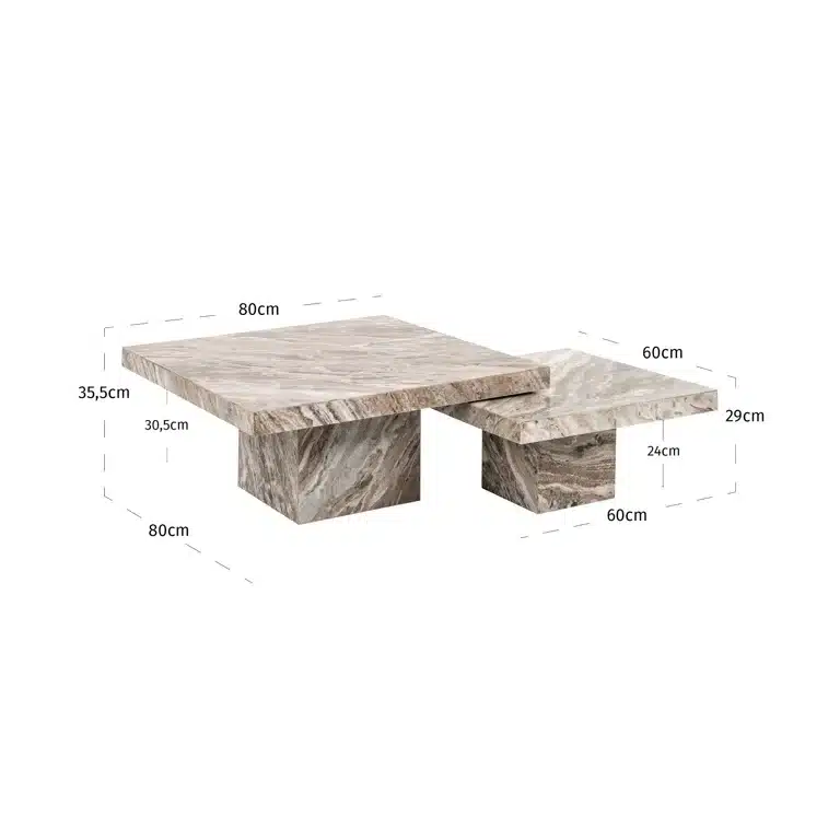 Afmetingen Richmond Interiors salontafel Rashford 80x80x35 cm marmer (Set van 2)