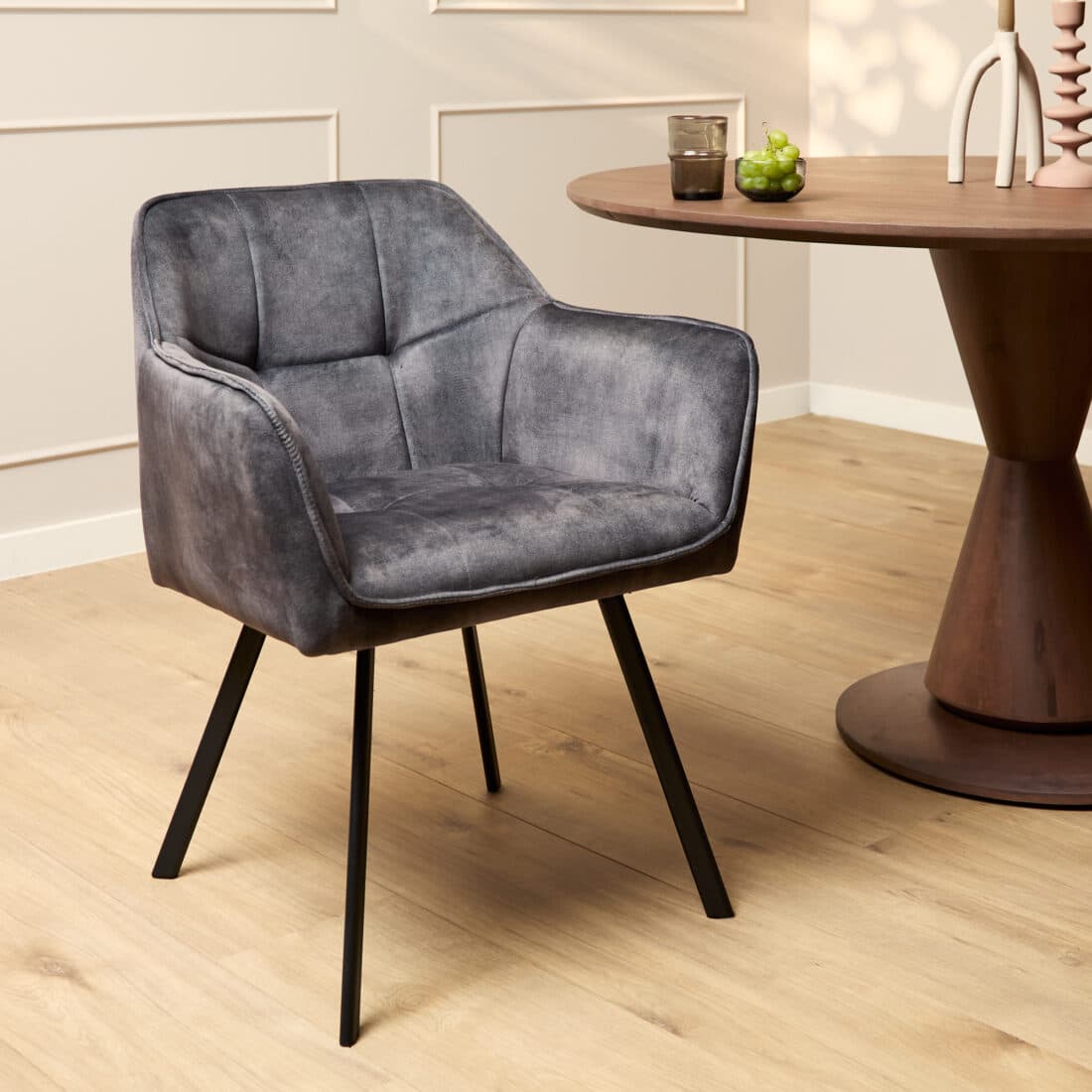 Starfurn Eetkamerstoel Emma Velvet Dark Grey Met Armleuning