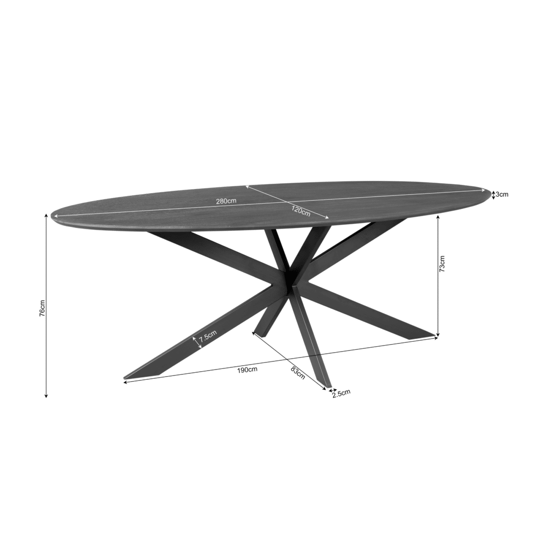 Starfurn Eiken Eettafel Ferris Ovaal 280 Cm Zwart