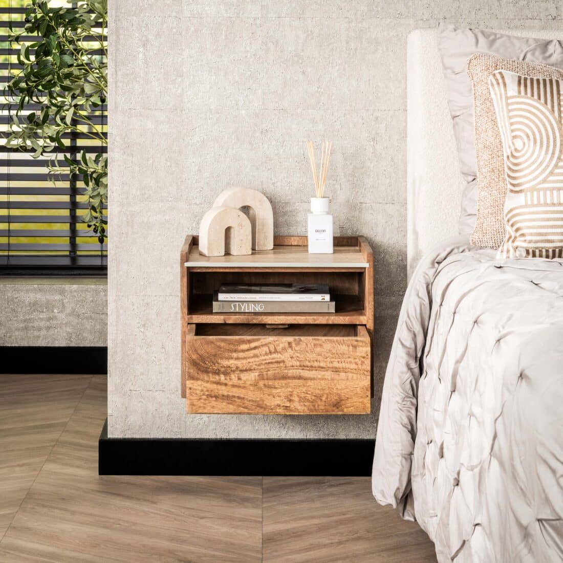 Zijlstra Nachtkastje Nuovo Zwevend Open Vak 1 Lade Massief Mango Zand