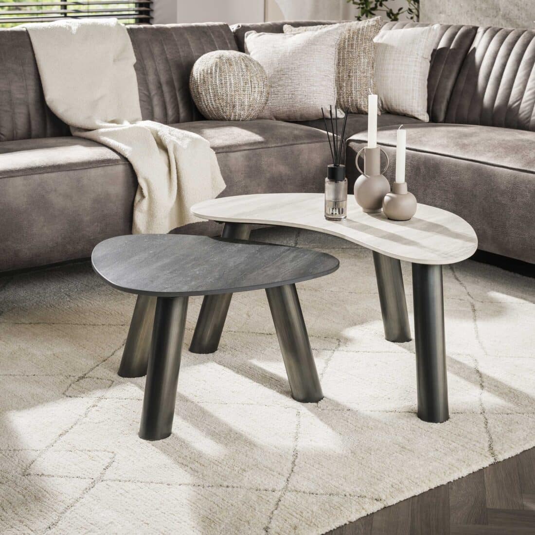 Zijlstra Salontafel Twin Organisch Set Van 2 3d Keramiek Travertin Zwart Grijs