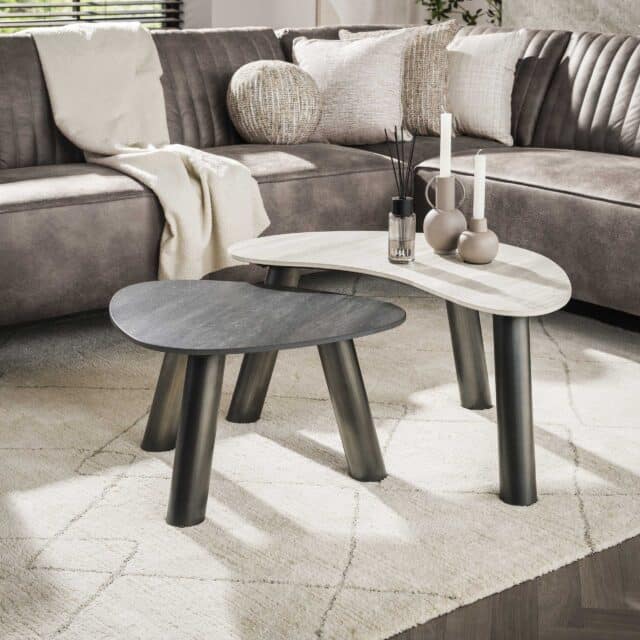 Zijlstra Salontafel Twin Organisch Set Van 2 3d Keramiek Travertin Zwart Grijs