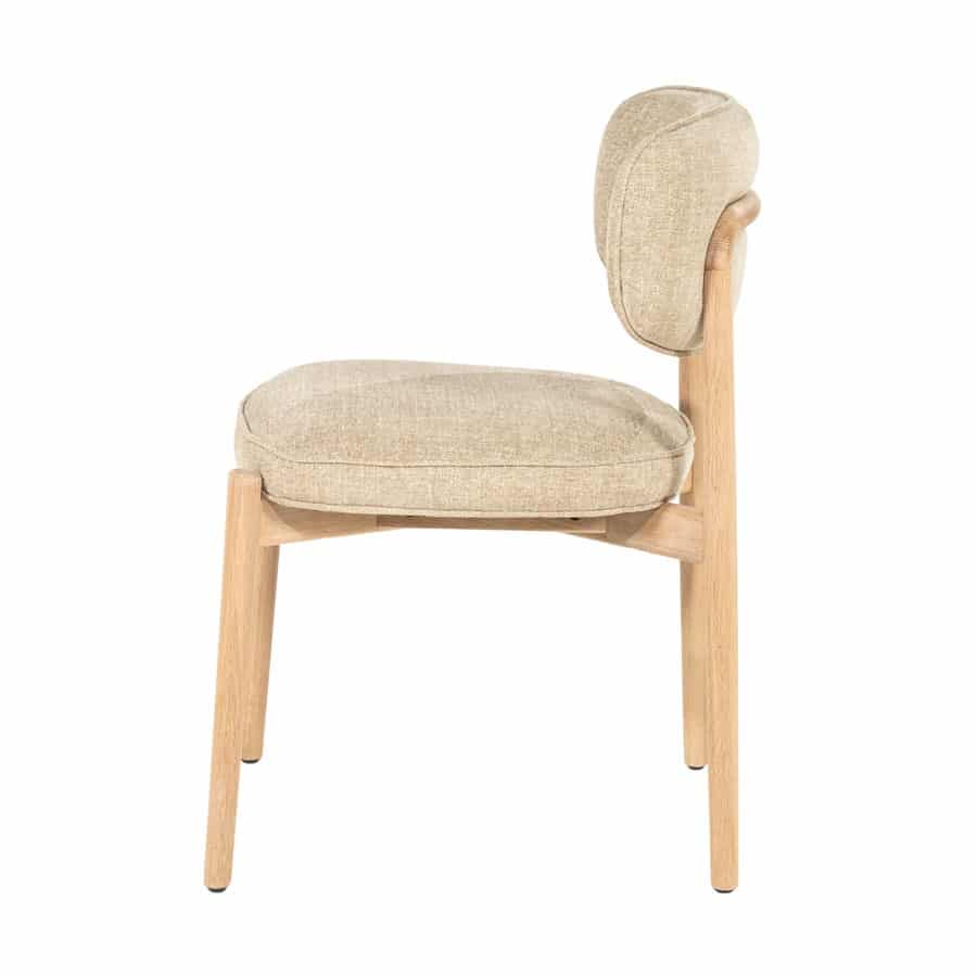 zijkant Eleonora eetkamerstoel Rune taupe onderstel naturel