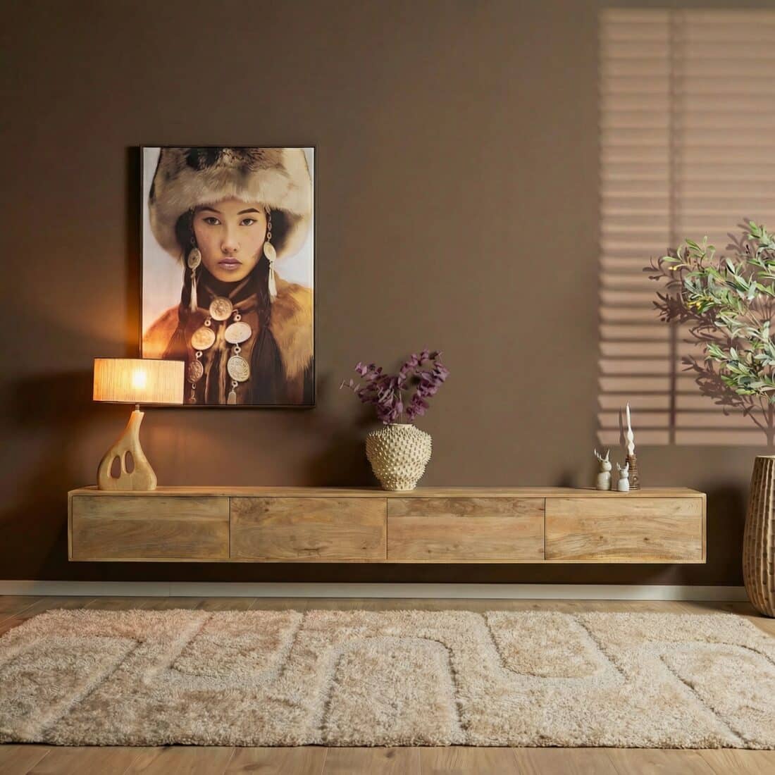 Starfurn Zwevend tv meubel Vision Licht Mangohout 240 cm