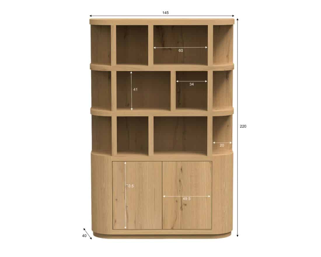 afmetingen Livingfurn boekenkast Novero 145 cm
