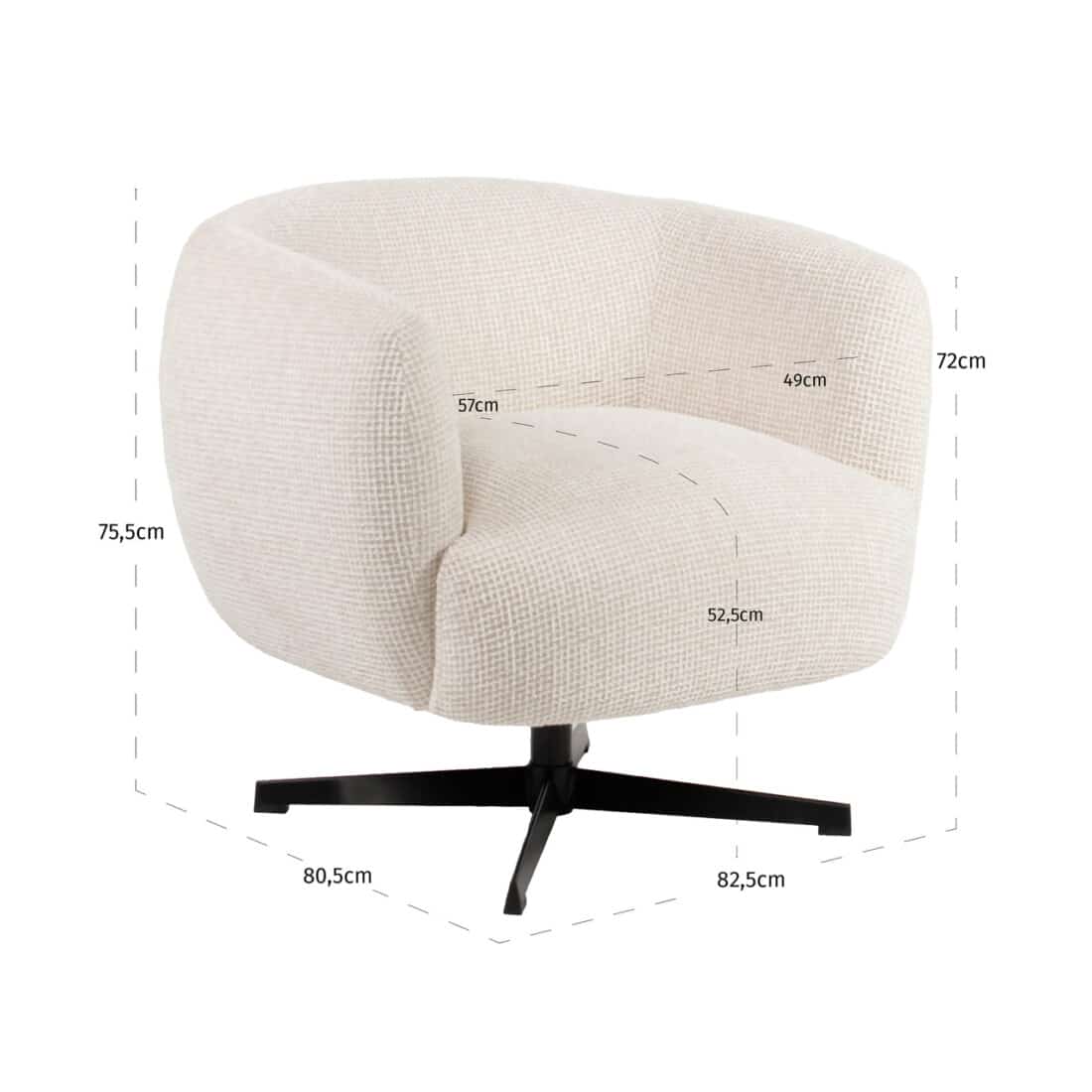 afmetingen Richmond Interiors draaifauteuil Estelle beige blockweave