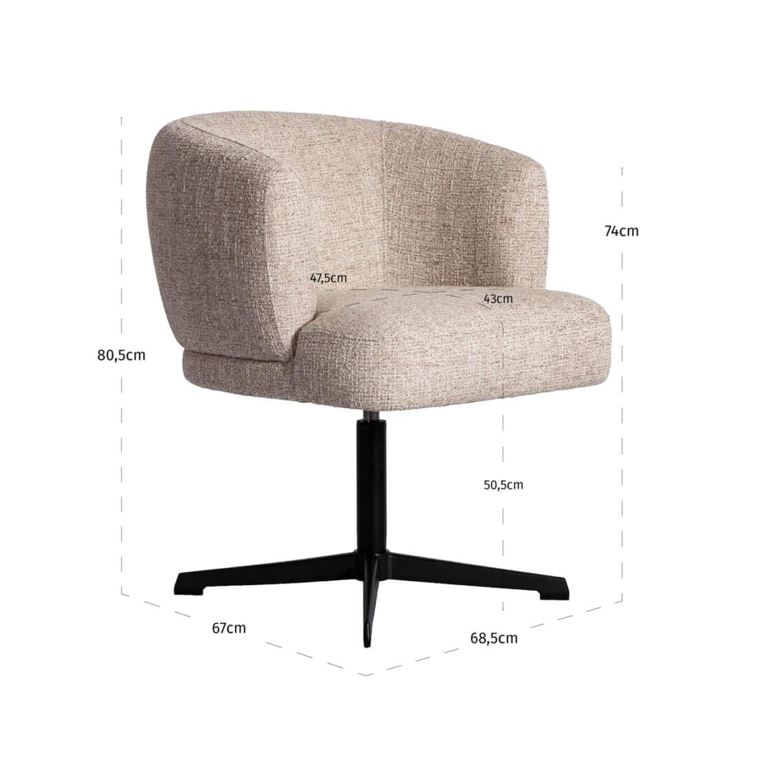 afmetingen Richmond interiors eetkamerstoel Dinan draaibaar cream tweed