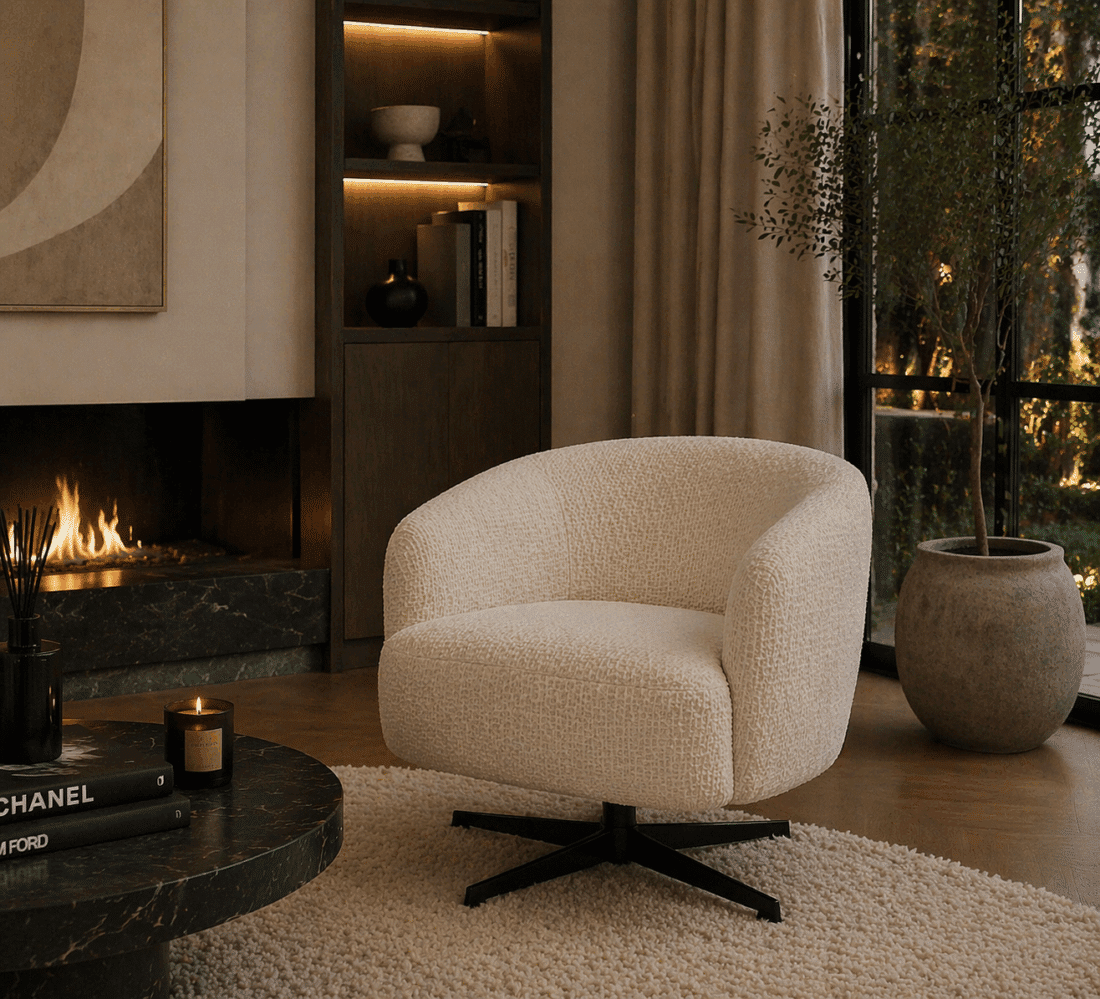 sfeerfoto Richmond Interiors draaifauteuil Estelle beige blockweave
