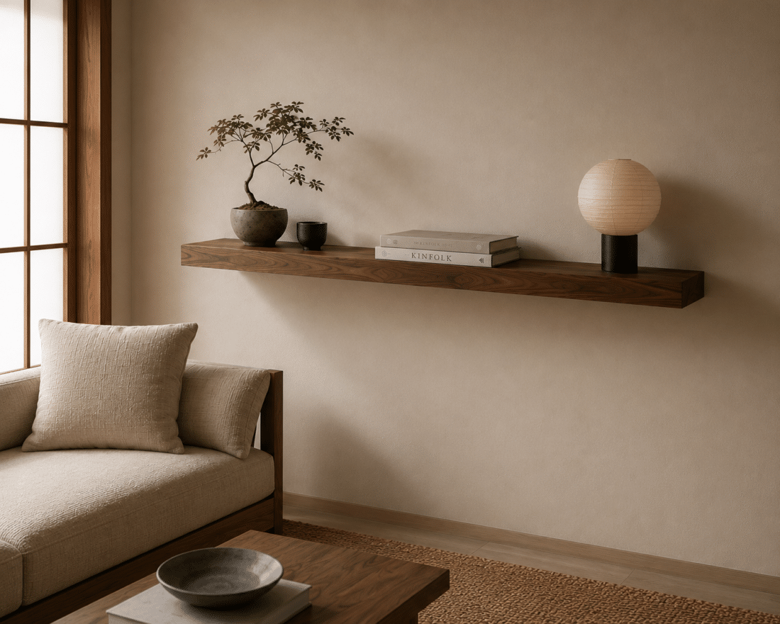 Massief walnoot wandplank op maat in Japandi interieur, close-up zijaanzicht met warme beige wand en natuurlijke walnoot houttekening, maatwerk uit Almelo.