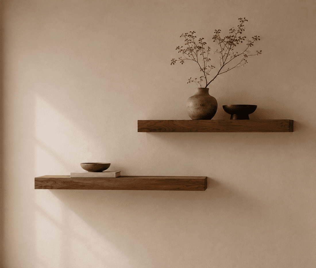 Massief walnoot wandplank op maat in Japandi interieur met warme natuurlijke tinten, minimalistische wanddecoratie en luxe walnoothout uitstraling, maatwerk uit Almelo.