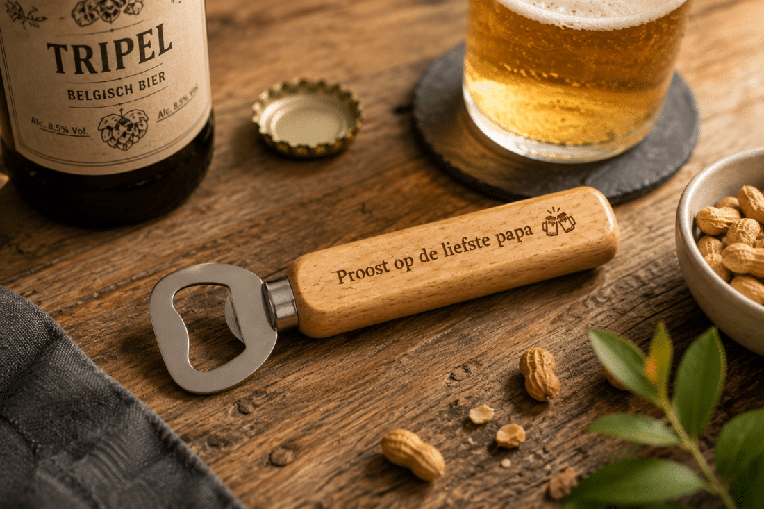 Flesopener Proost op de liefste papa van hout en staal met gegraveerde tekst voor Vaderdag Flesopener Proost op de liefste papa van hout en staal met gegraveerde tekst voor Vaderdag