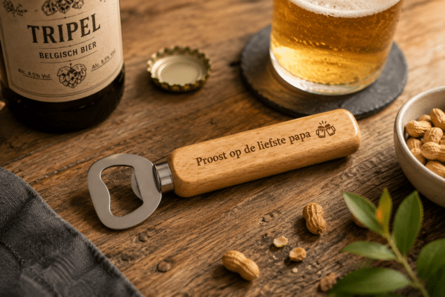 Flesopener Proost op de liefste papa van hout en staal met gegraveerde tekst voor Vaderdag