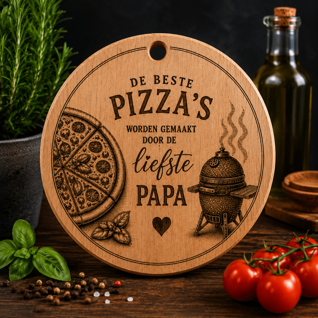 Pizzaplank Vaderdag van massief eikenhout met gravering van pizza en kamado BBQ Pizzaplank Vaderdag van massief eikenhout met gravering van pizza en kamado BBQ