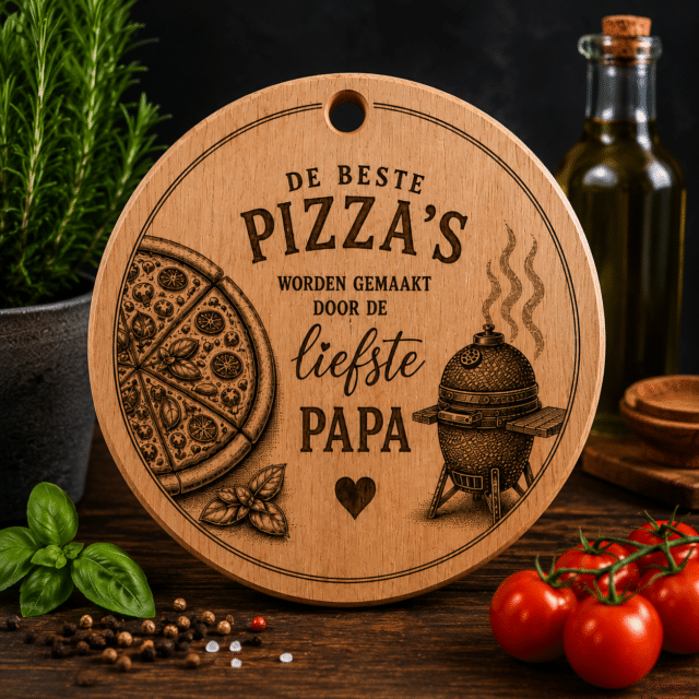Pizzaplank Vaderdag van massief eikenhout met gravering van pizza en kamado BBQ