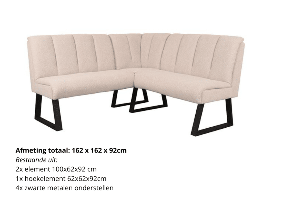Modula elementenbank voorbeeldopstelling 162 x 162 cm als hoek eetkamerbank in naturel bouclé Modula elementenbank voorbeeldopstelling 162 x 162 cm als hoek eetkamerbank in naturel bouclé