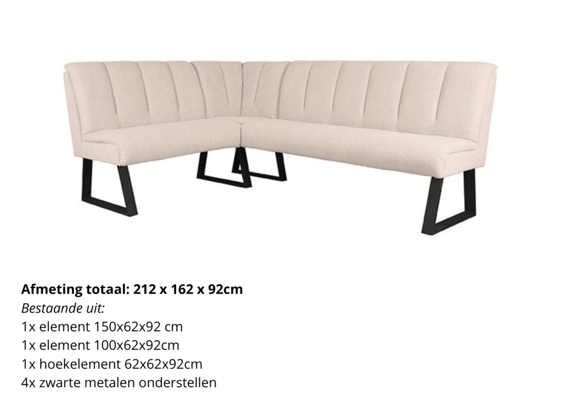 Modula elementenbank voorbeeldopstelling 212 x 162 cm als hoek eetkamerbank in naturel bouclé Modula elementenbank voorbeeldopstelling 212 x 162 cm als hoek eetkamerbank in naturel bouclé