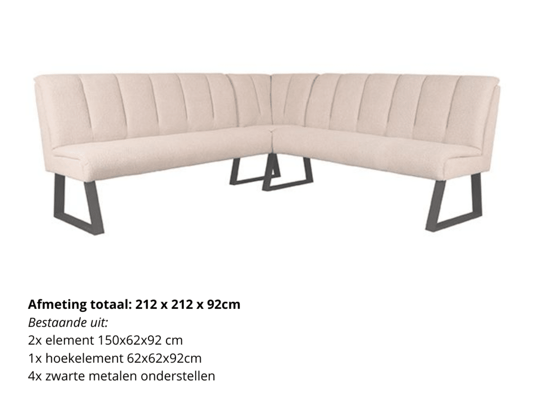Modula elementenbank voorbeeldopstelling 212 x 212 cm als hoek eetkamerbank in naturel bouclé Modula elementenbank voorbeeldopstelling 212 x 212 cm als hoek eetkamerbank in naturel bouclé