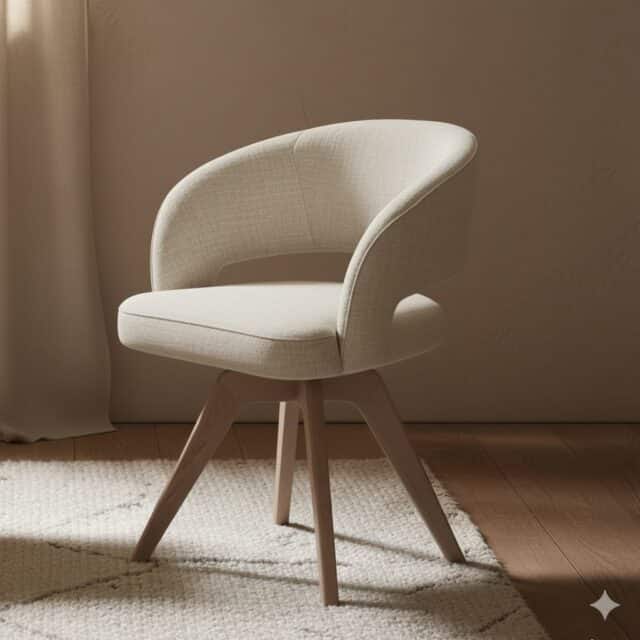 Beige draaibare eetkamerstoel Luna met comfortabele kuipzitting en houten onderstel.