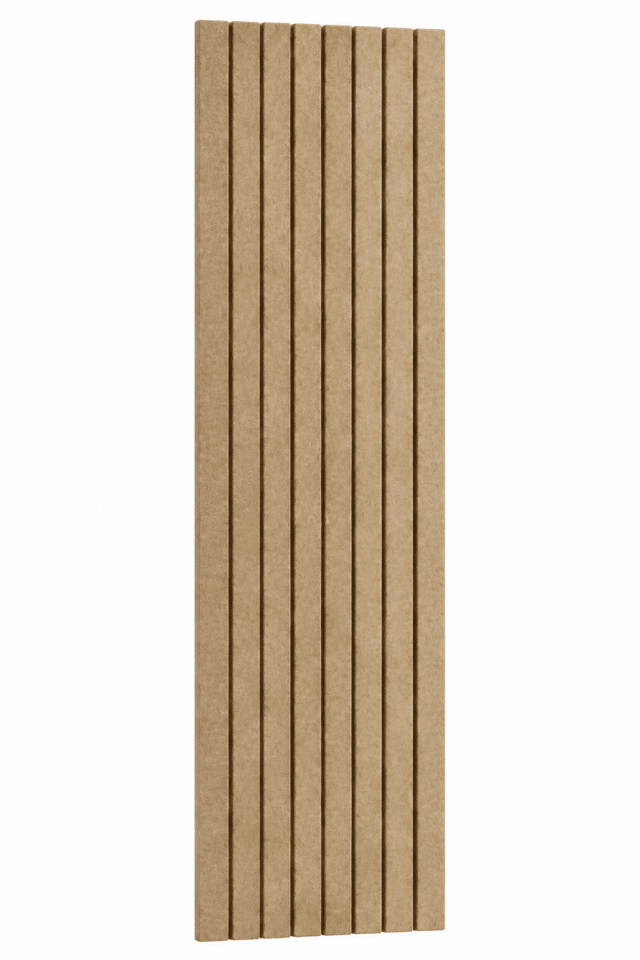 Beige akoestisch PET-vilt wandpaneel met verticale groeven en een formaat van 260 x 60 cm