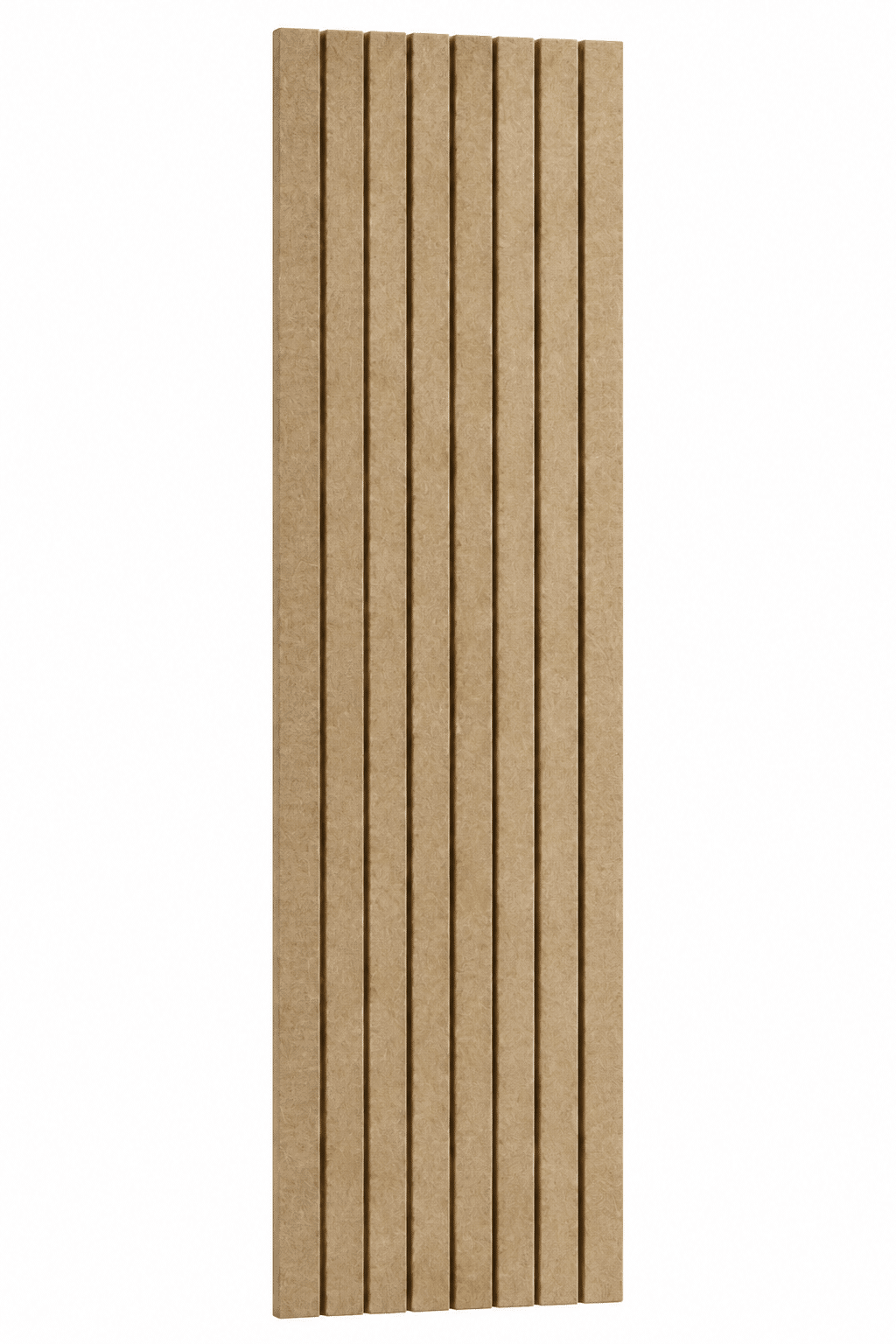 Beige akoestisch PET-vilt wandpaneel met verticale groeven en een formaat van 260 x 60 cm