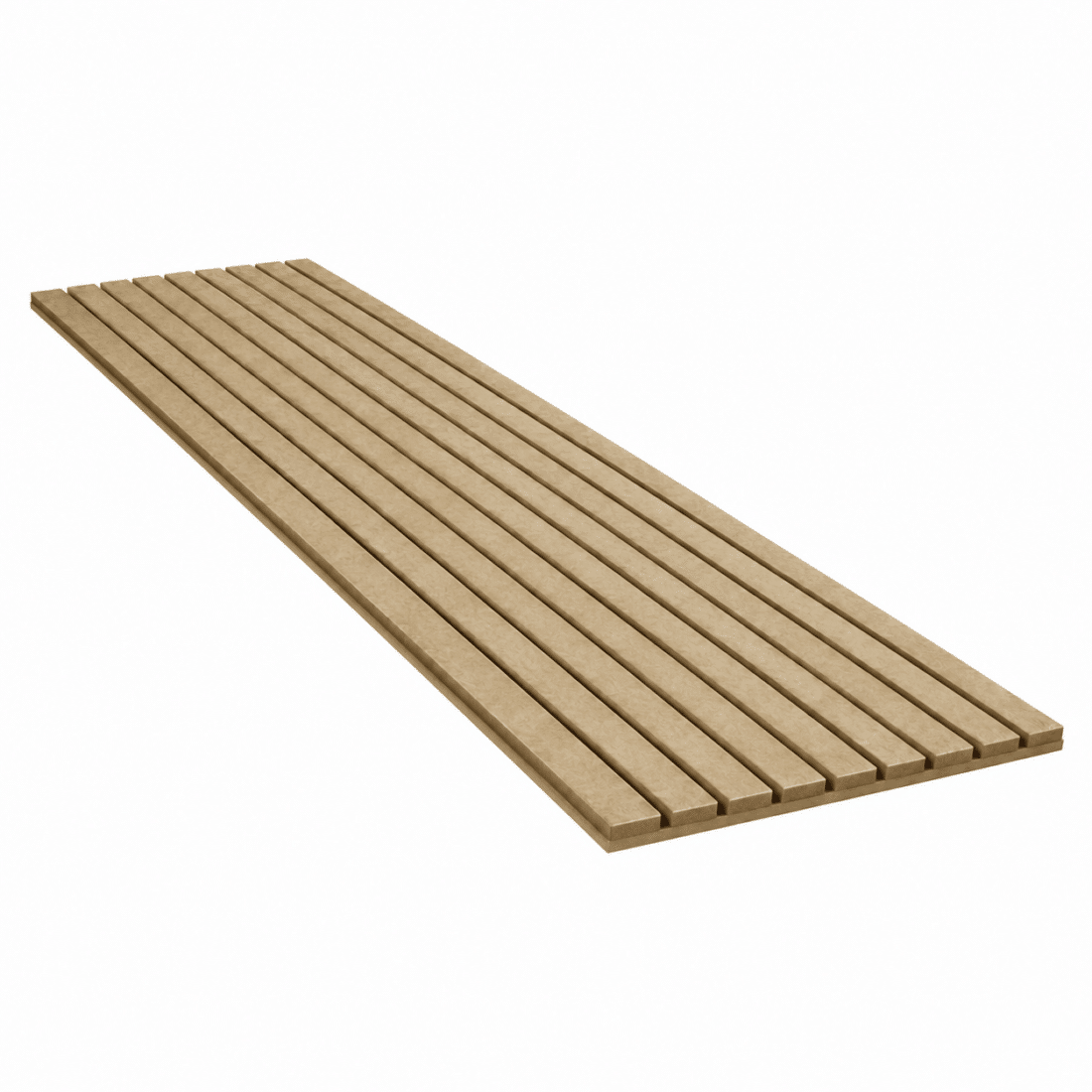 Liggend beige akoestisch PET-vilt wandpaneel met verticale groeven, 260 x 60 cm en 9 mm dik.