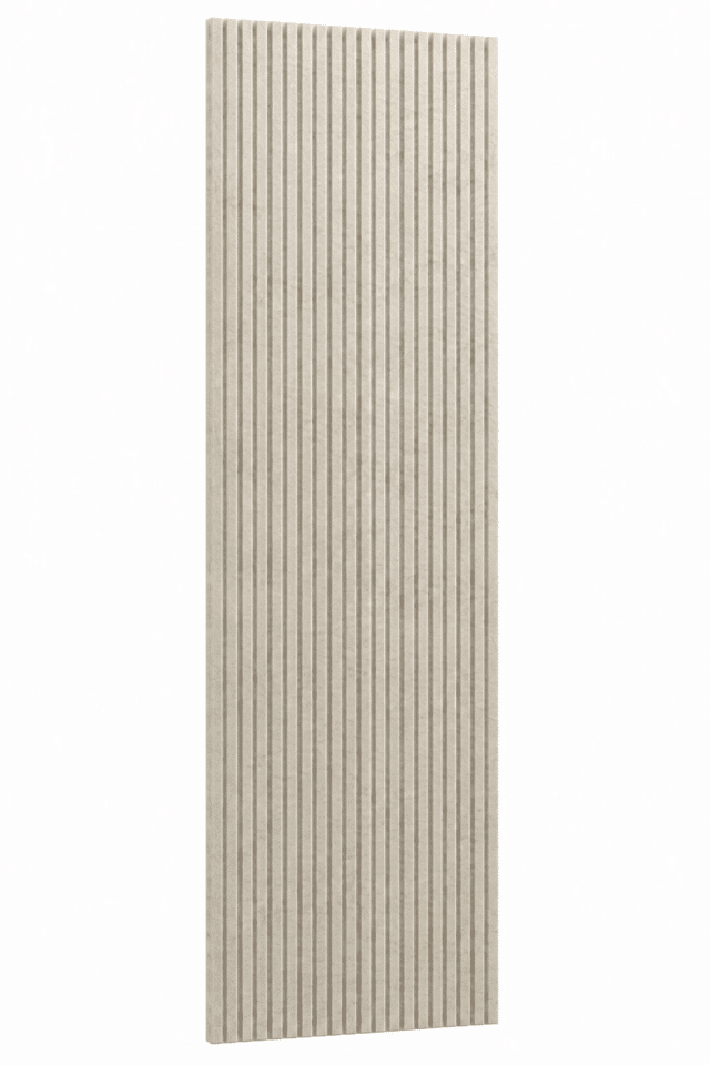 Beige akoestisch PET-viltpaneel met verticale lijnen van 280 × 60 cm en 9 mm dik.