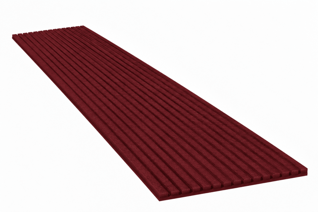 Bordeauxrood akoestisch viltpaneel met lijnen van 280 × 60 cm, liggend vanuit schuin perspectief weergegeven. Bordeauxrood akoestisch viltpaneel met lijnen van 280 × 60 cm, liggend vanuit schuin perspectief weergegeven.