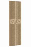 Beige akoestisch Japandi viltpaneel met verticale lijnen en sierlijk gebogen patroon, 280 × 60 cm.