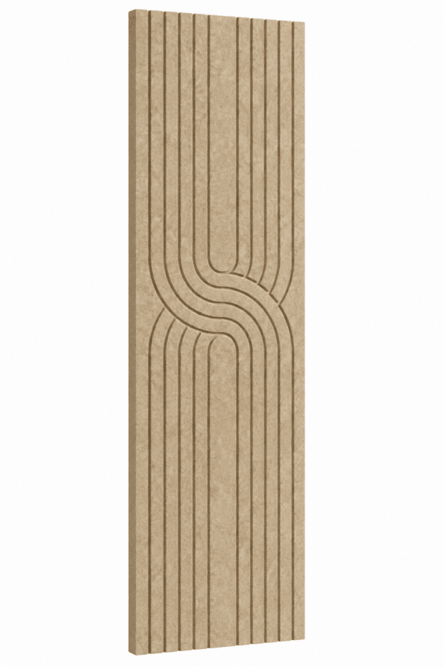 Beige akoestisch Japandi viltpaneel met verticale lijnen en sierlijk gebogen patroon, 280 × 60 cm.