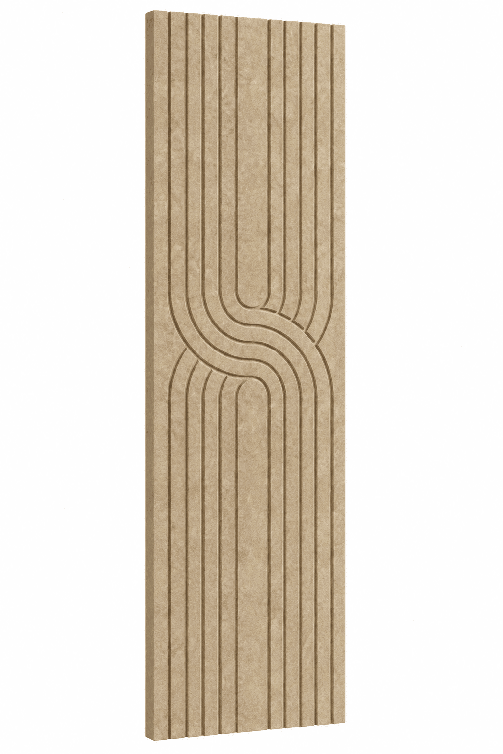 Beige akoestisch Japandi viltpaneel met verticale lijnen en sierlijk gebogen patroon, 280 × 60 cm.