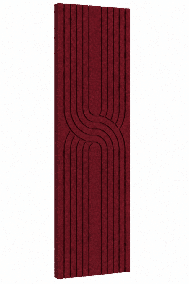 Bordeauxrood akoestisch Japandi viltpaneel met verticale lijnen en sierlijk gebogen patroon, 280 × 60 cm.
