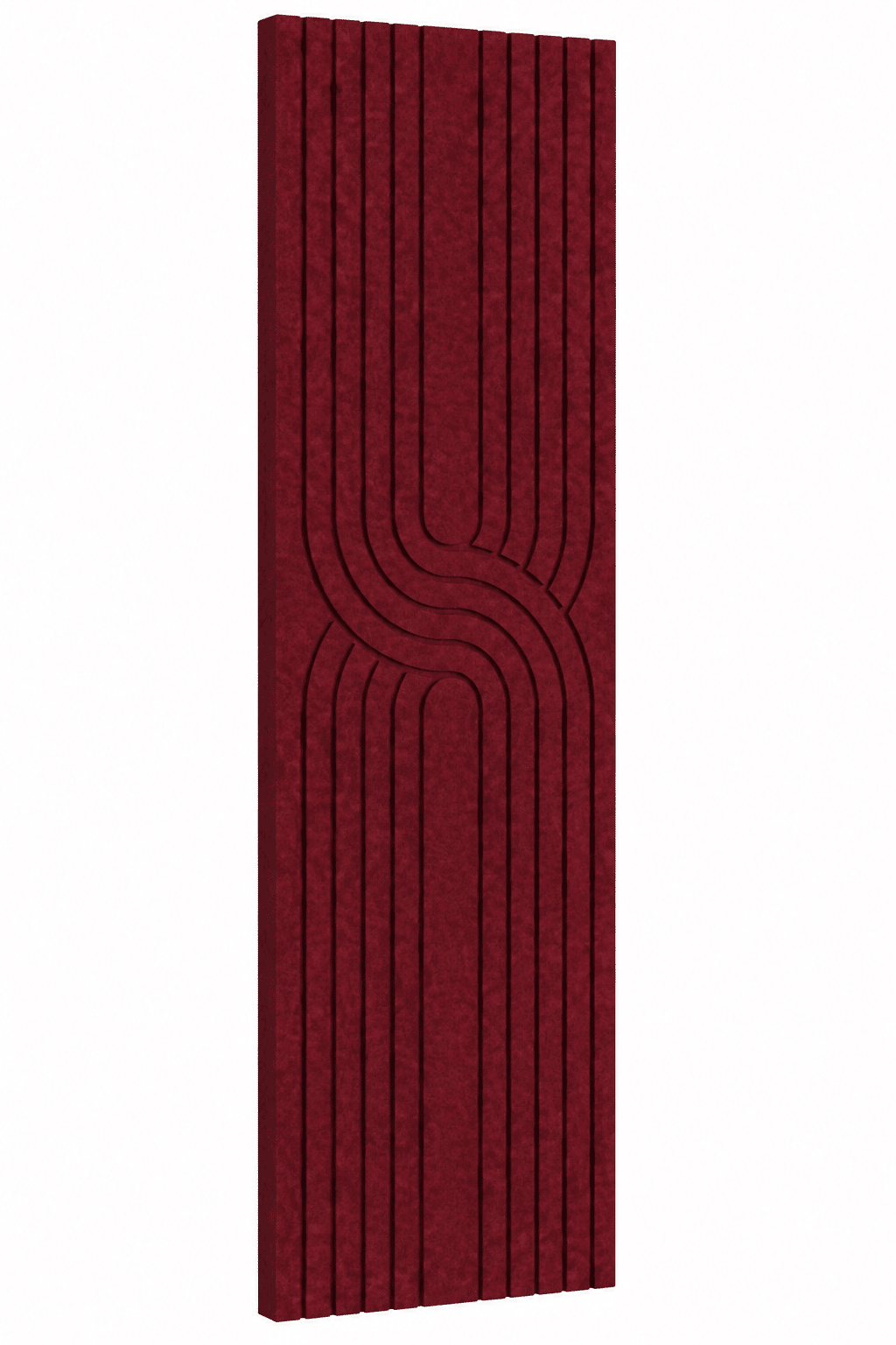 Bordeauxrood akoestisch Japandi viltpaneel met verticale lijnen en sierlijk gebogen patroon, 280 × 60 cm. Bordeauxrood akoestisch Japandi viltpaneel met verticale lijnen en sierlijk gebogen patroon, 280 × 60 cm.