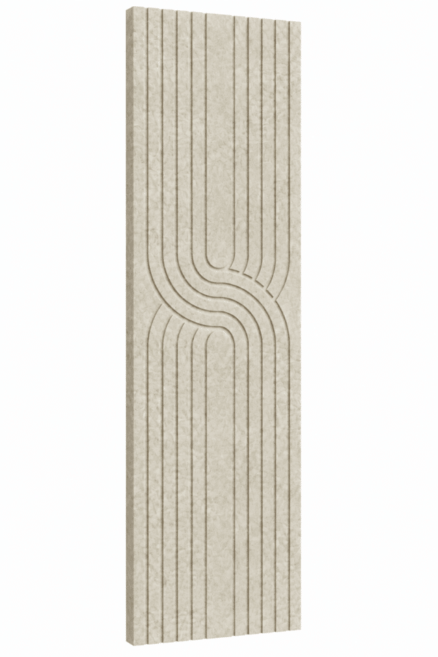 Akoestisch viltpaneel Japandi in zeer lichtbeige met verticale lijnen en sierlijk gebogen lijnpatroon, 280 × 60 cm.