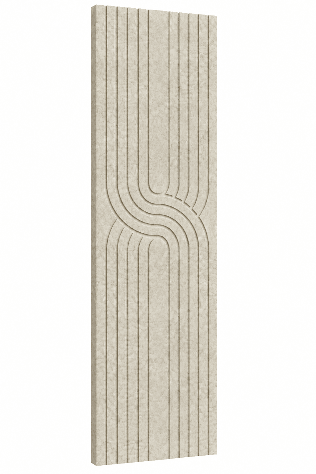 Akoestisch viltpaneel Japandi in zeer lichtbeige met verticale lijnen en sierlijk gebogen lijnpatroon, 280 × 60 cm.