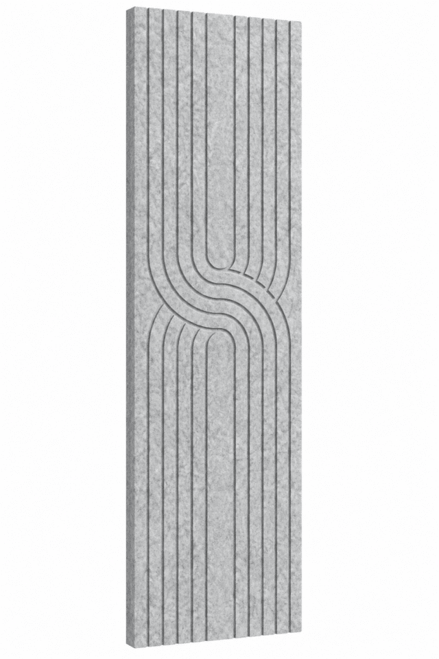 Lichtgrijs akoestisch Japandi viltpaneel met verticale groeven en sierlijk gebogen lijnpatroon, 280 × 60 cm.