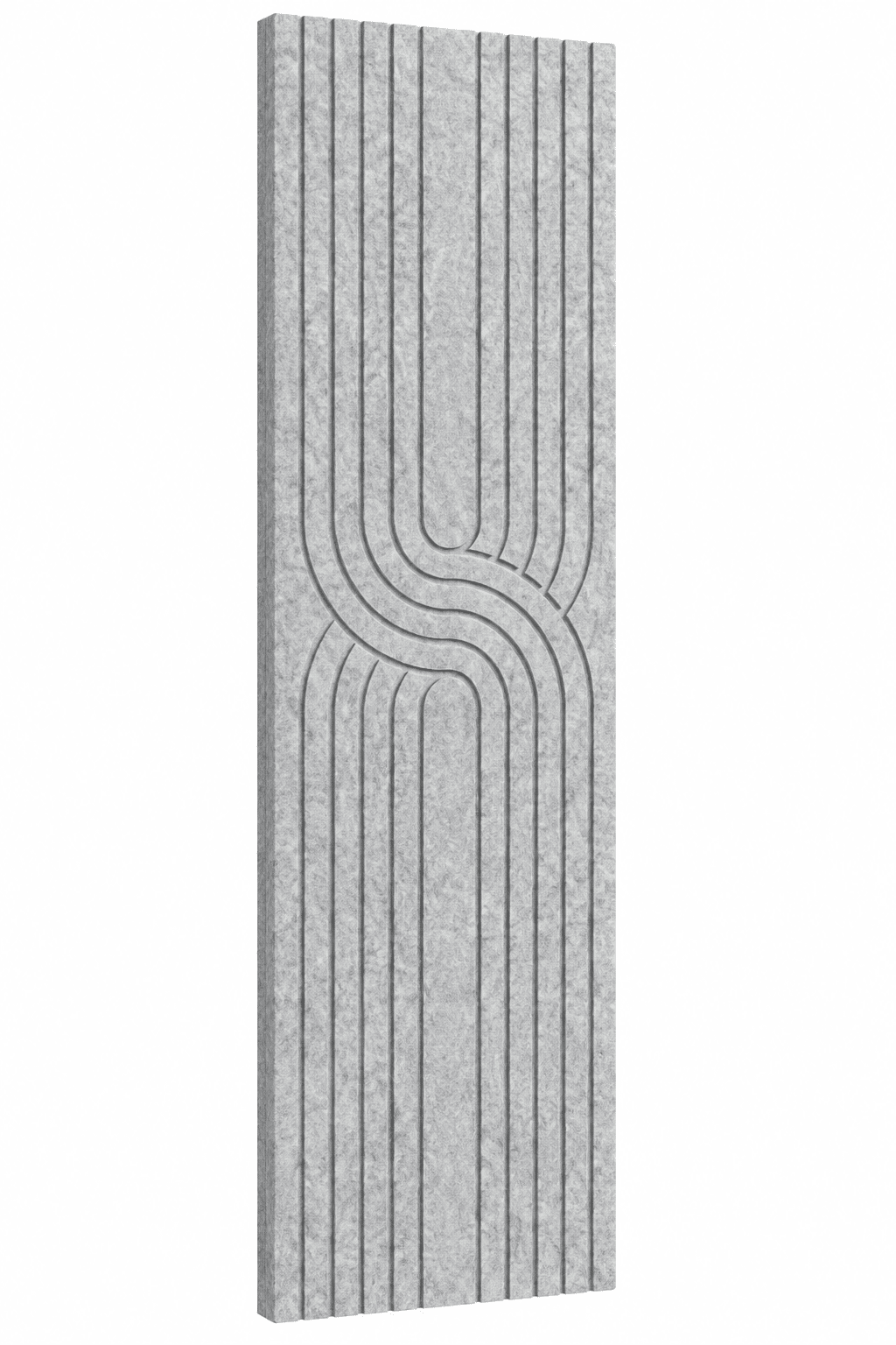 Lichtgrijs akoestisch Japandi viltpaneel met verticale groeven en sierlijk gebogen lijnpatroon, 280 × 60 cm.