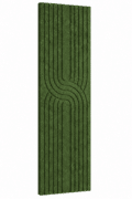 Mosgroen akoestisch Japandi viltpaneel met verticale groeven en sierlijk gebogen lijnpatroon, 280 × 60 cm.