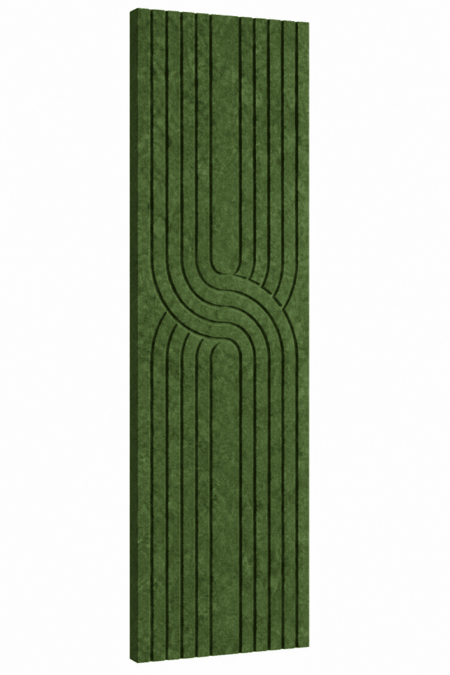 Mosgroen akoestisch Japandi viltpaneel met verticale groeven en sierlijk gebogen lijnpatroon, 280 × 60 cm.